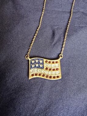 Vintage Avon Patriotic Flag Pendant Necklace with Red, White & Blue Crystals